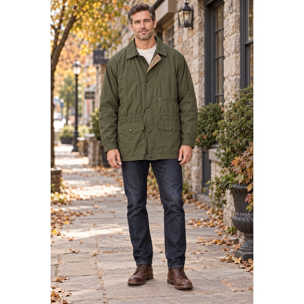 London Fog  Olive Green Field Jacket Utility Coat Snap Zip Removable lining flaw